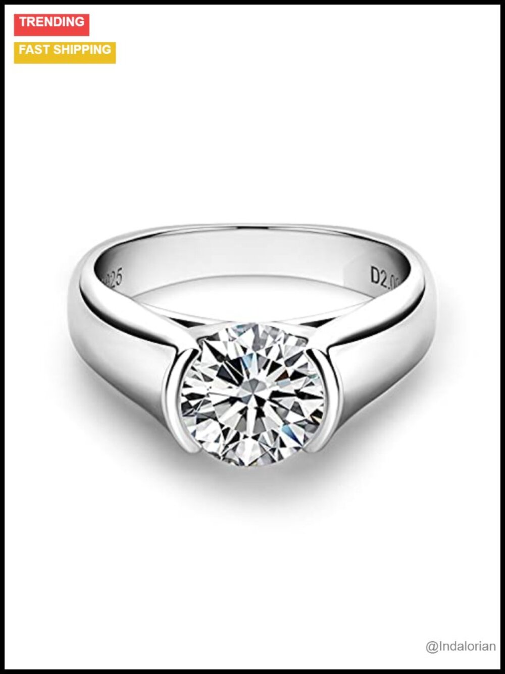 Moissanite Half Bezel Promise Ring Platinum Plated Silver Engagement Band